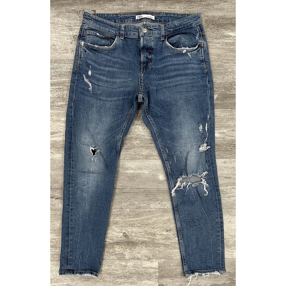 Zara Womens Button Fly Cropped Distressed Jeans Size 34x27